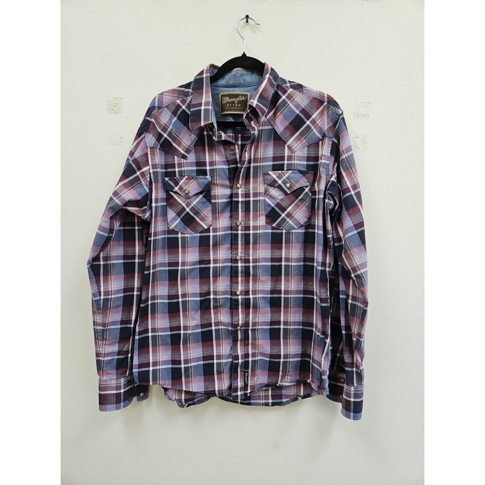 Wrangler Retro Shirt Mens L Plaid Snap Western Cowboy Rodeo Classic Work